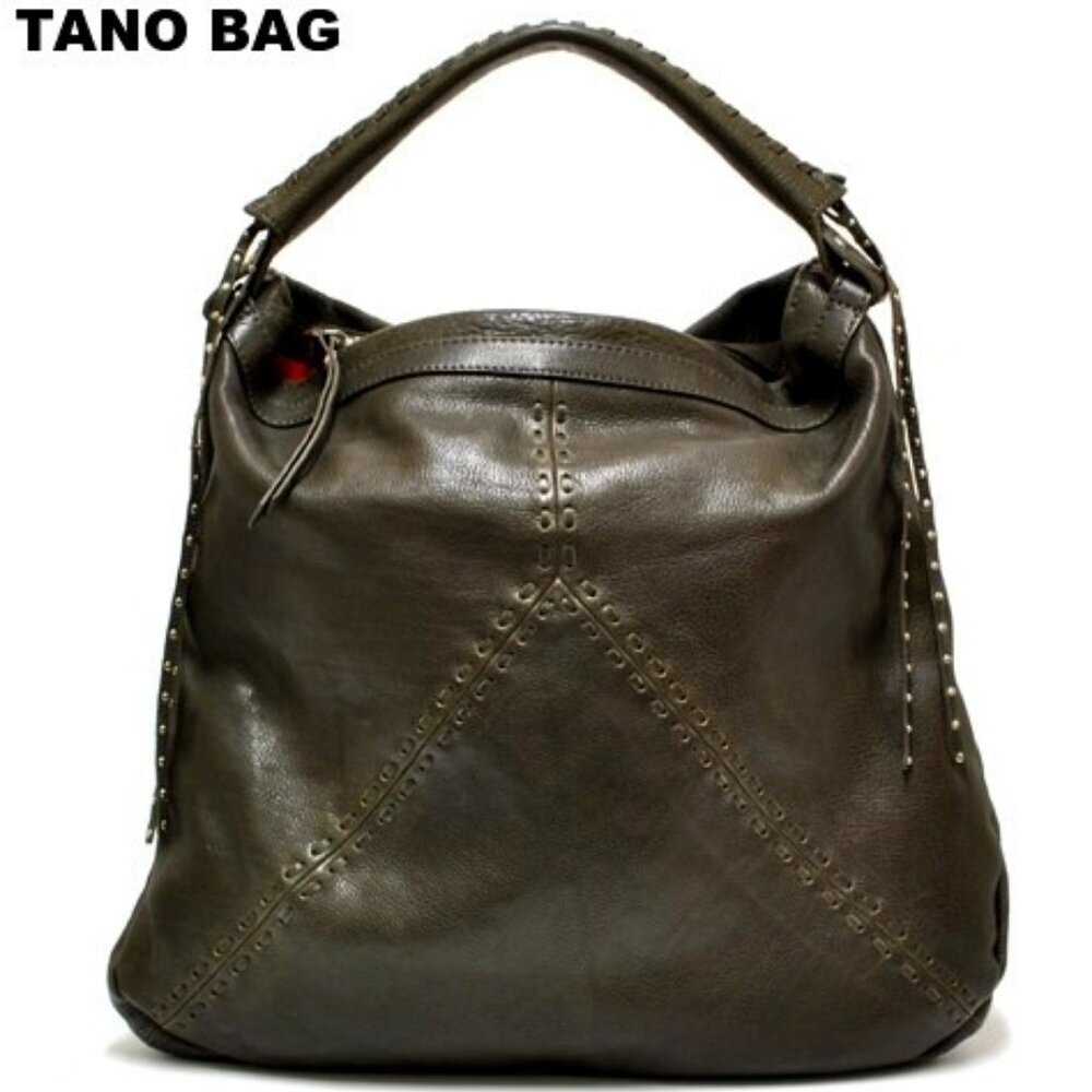 TANO Boho Large Hobo Shoulder Bag Whipstitched Brown Leather Studded Fringe NWOT